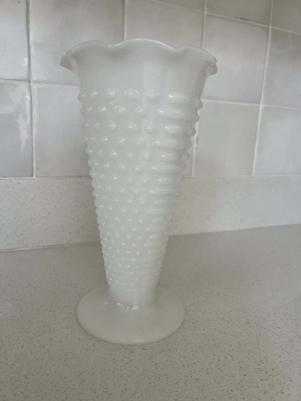 Vintage White Milk Glass Hobnail Vase Ruffled Rim Footed 10 Inch